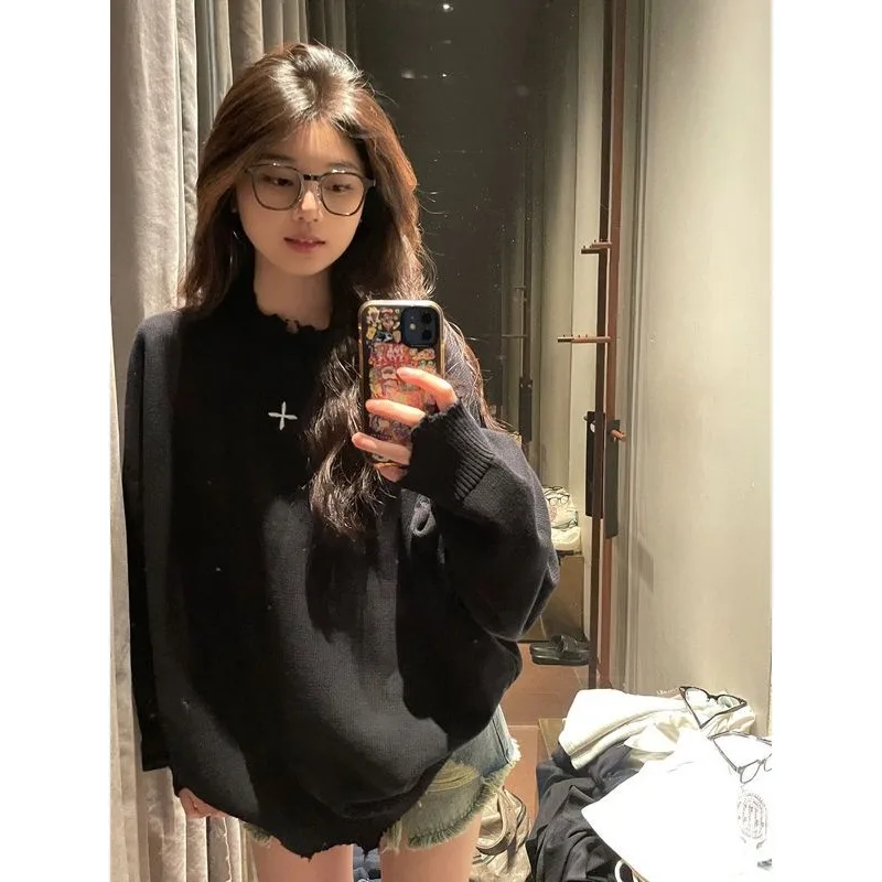 Deeptown Autumn Vintage Black Sweater Women Oversized Gothic Streetwear Korean Fashion Knitted Jumper Winter Aesthetic Pullover