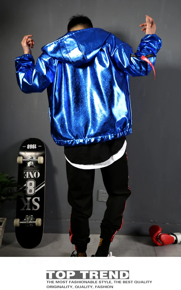 2025 블루 레이저 Pu 가죽 코트 남성 축제 의류 가수 공연 의상 나이트 클럽 Gogo 댄서 의류 레이브 복장 yk