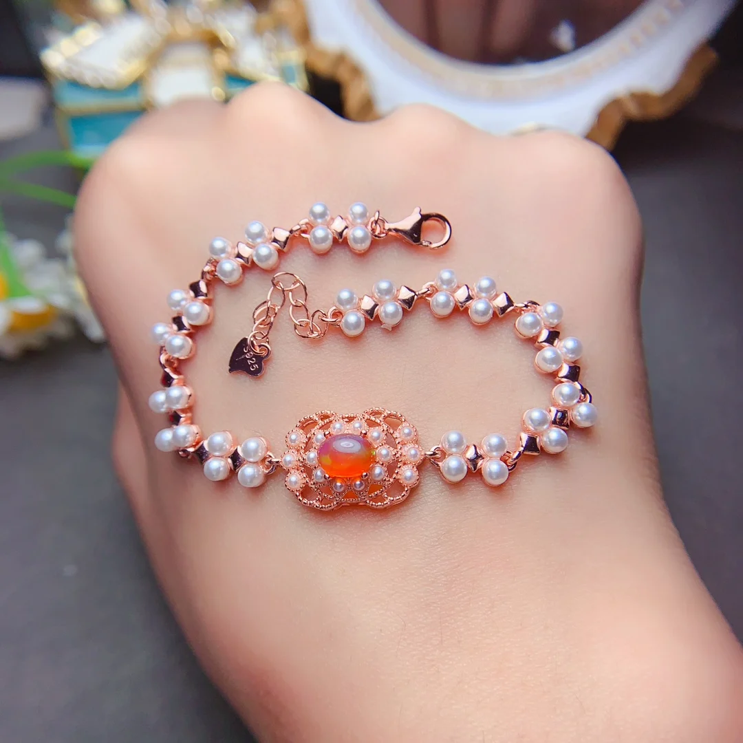 Ladies Special Orange Natural Fire Opal Bracelet Deluxe 925 Sterling Silver Classic Simple Colorful Christmas Gift Bag Mail