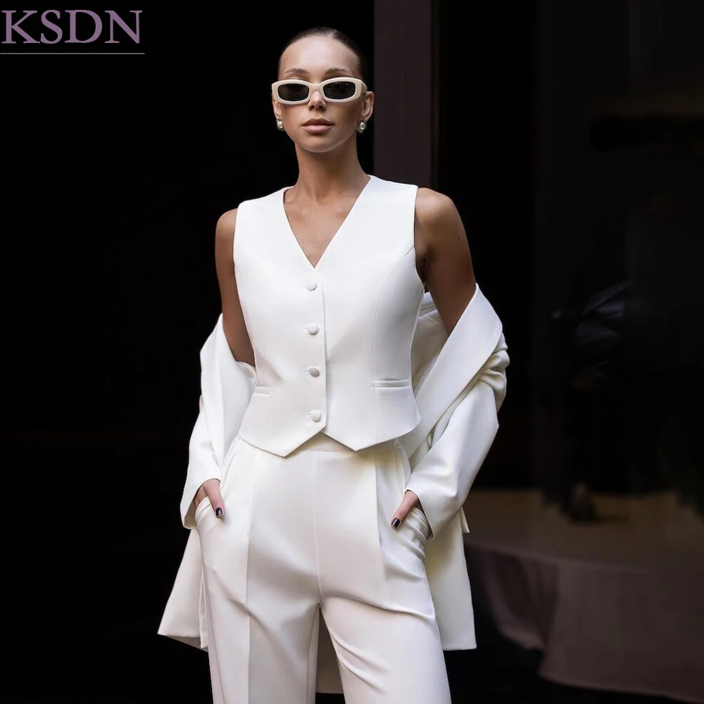 Loose Fit Women's Oversized Suits White Double Breasted Peak Lapel3 Piece Jacket Pants Vest For Busienss Outfits Clothing
