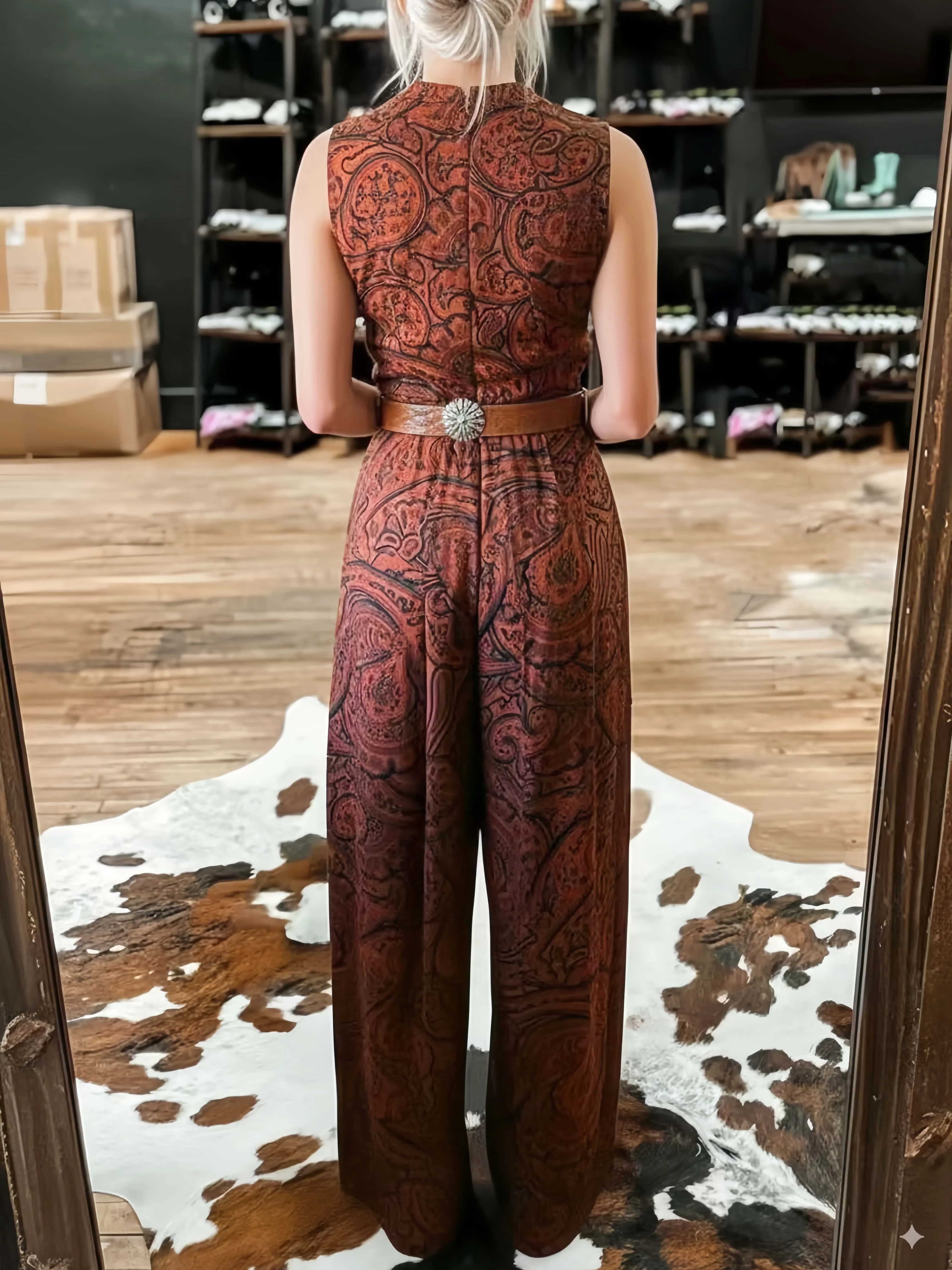 Women's Bohemian Full-Body Print Jumpsuit, Ethnic Pattern Ruched Waist Sleeveless Wide Leg, Comfortable Summer Wear