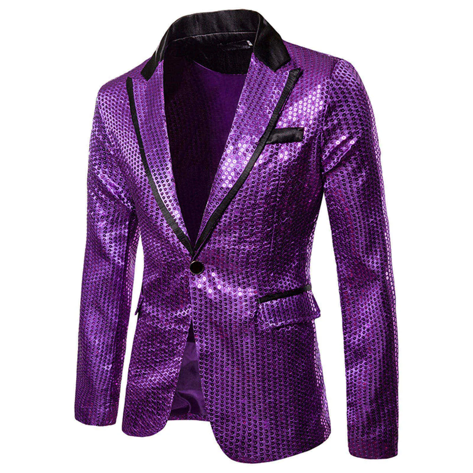 Chaqueta de traje de lentejuelas brillantes para hombre, Blazer para actuación en escenario, blanco, plata, azul, rojo, púrpura, cuello en V, un solo botón