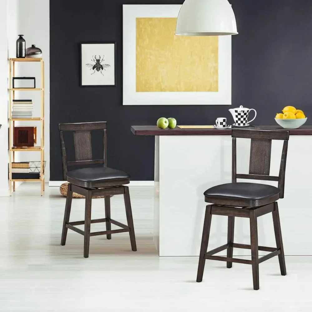 Bar stool, 360-degree swivel, wooden bar height bar stool, leather-padded seat, veneer back and solid rubberwood legs