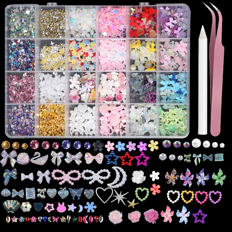 24-teiliges Nagelcharms-Set AB Strass Nagelperlen 3D Blumen Nageljuwelen Mehrformige Nagelkunst-Dekorationen für DIY Salon – Detail 5