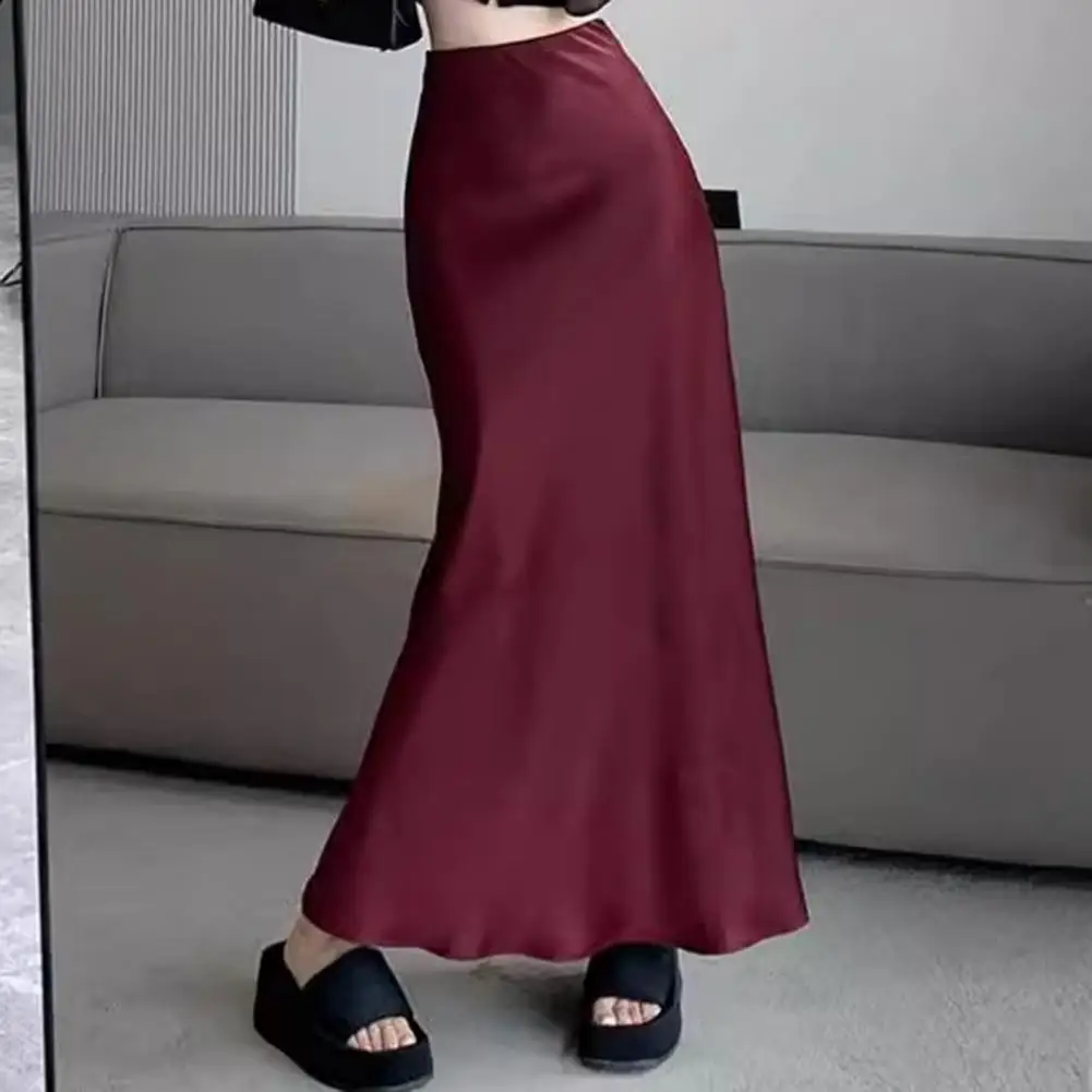 

Comfortable Skirt Elegant High Waist Fishtail Skirt for Women Retro Satin Texture Maxi Skirt with Wrapped Design Solid Color