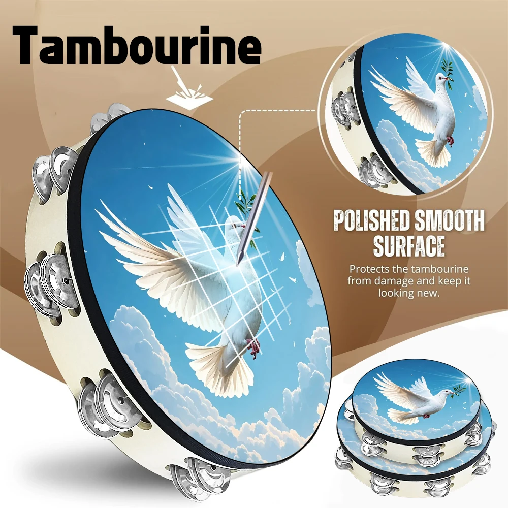 

8/10 inch Blue Sky Dove with Olive Branch Tambourine, Double Row Jingle Tambourine for Adults, Handbell Clap Drum Tambourine