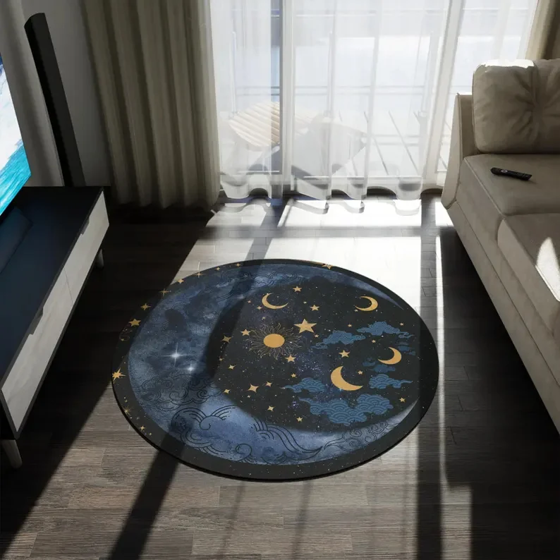 Celestial Moon Phase Round Rug Shooting Star Area Carpet Galaxy Themed Area Rug Outer Space Home Decor Night Sky Circular Mat