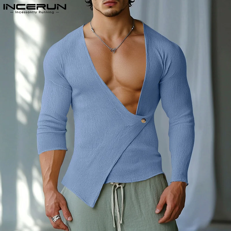 Fashion Sexy Style Tops INCERUN New Men's Deconstructive Texture T-shirts Streetwear Male Solid Long Sleeved Camiseta S-5XL 2024 image 2