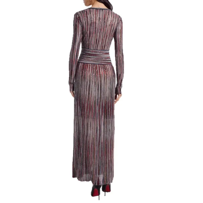 FL New Women Metallic Sequined Embellished Striped V-Neck Waist Pleated Knitted Long Dress 2 Colors Not Much Goods