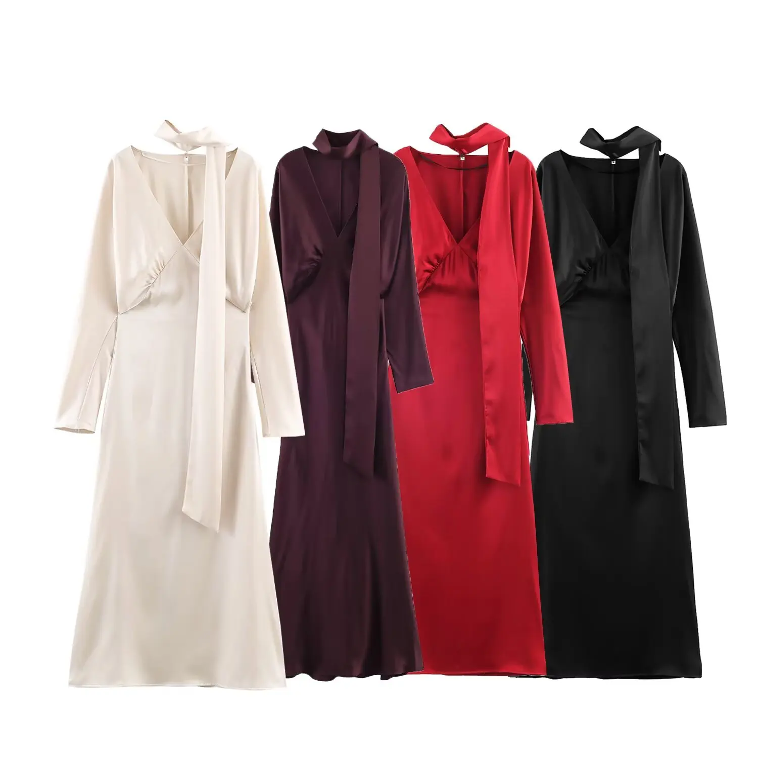 2025 nueva moda mujer satén vestido con cuello en V vestidos largos con bufanda vestidos elegantes mujeres vestido Casual de manga larga