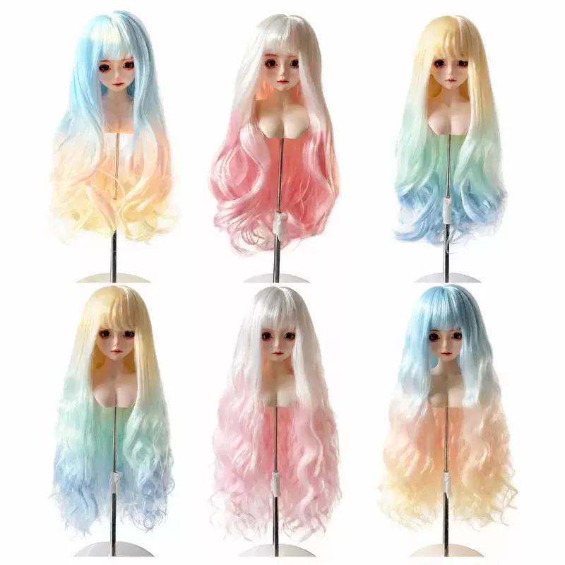 FallenVex Store BJD Doll Wig Gradient Rainbow‑Color Long Curly Hair with Neat Bangs for 1/3 1/4 1/6 Doll DIY Hair Replacement