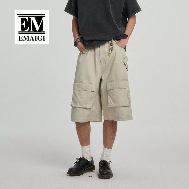 Men Japanese Korean Streetwear Fashion Loose Causal Multi Pocket Cargo Shorts Short Straight Pants Pure Cotton Shorts for Man