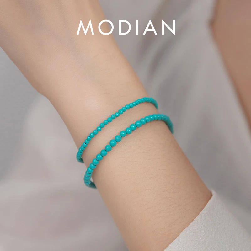 

Modian 925 Sterling Silver Vintage Classic Round Turquoise Bracelet Trendy Link Chain Fine Jewelry For Women Birthday Gifts