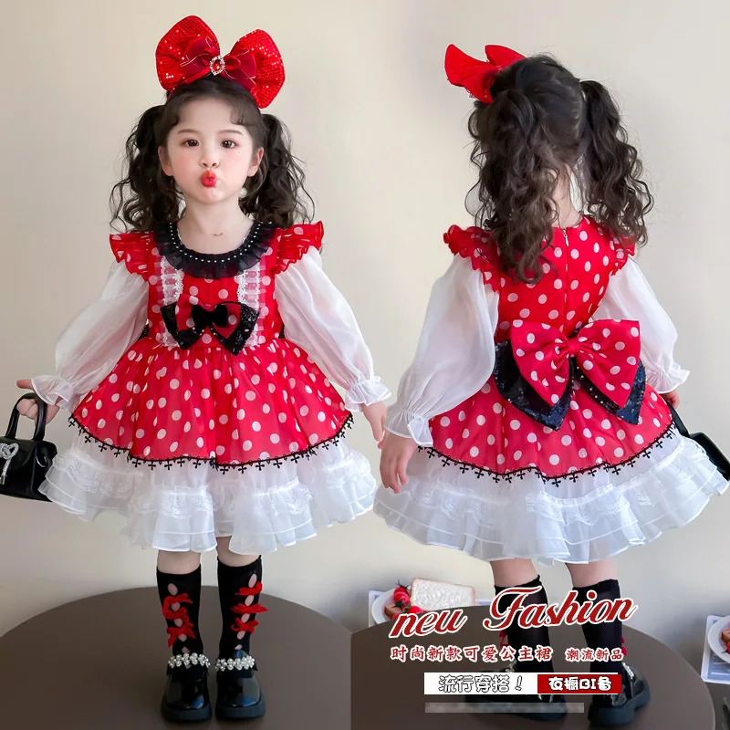 

Весеннее мультяшное платье Минни для девочек, летнее, в стиле принцессы, 2026, новое, Disney, кавайное, корейское, пышное, с длинными рукавами, с бантом, подарок