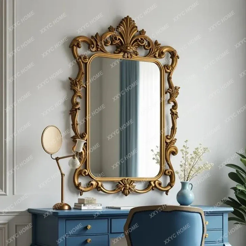 D30 Vintage Carved Makeup Mirror French Luxury Elegant Vanity Mirror Wall-Mounted Background Wall Decorative Mirror