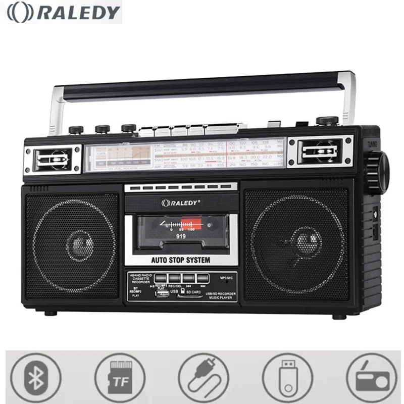 Vintage Boombox Cassette Tape Recorder AM/SW/FM 3 Band Recorder Radio Wireless BT Speakers Support AUX TF Card USB Drive Player