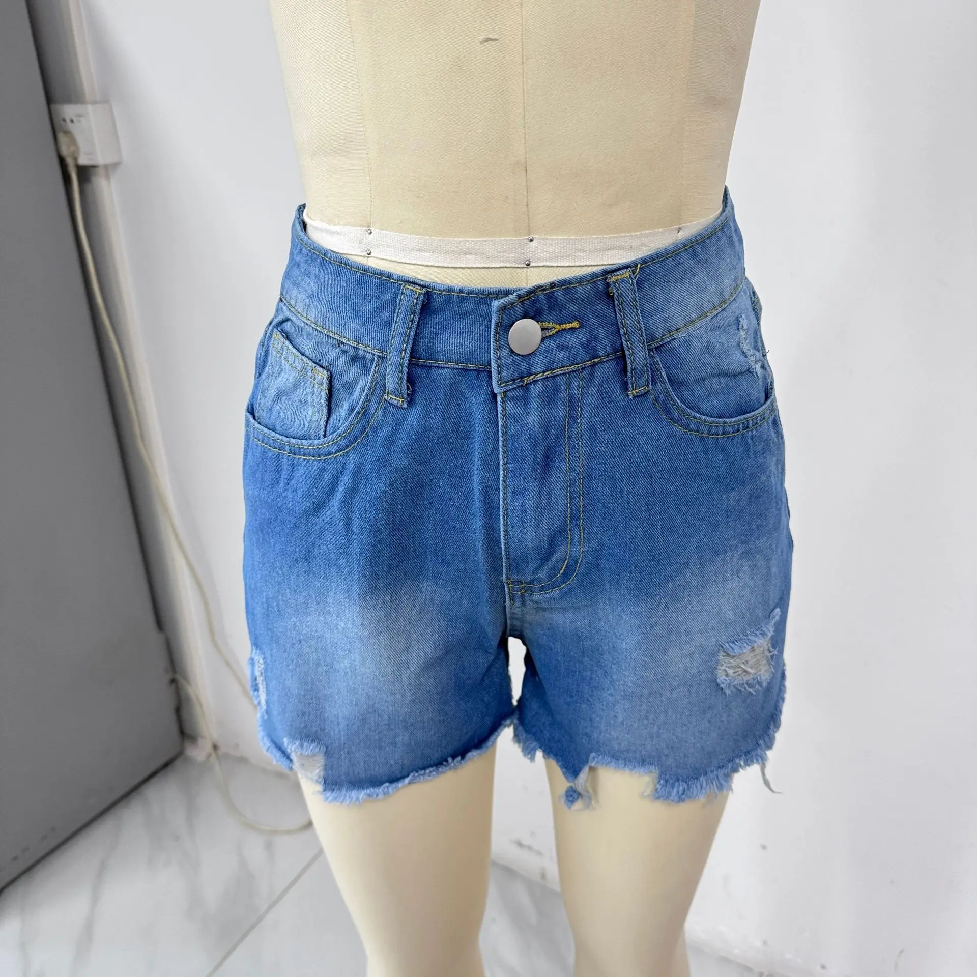 여성 찢어진 데님 반바지 하이웨이스트 스트레치 접힌 밑단 숏진