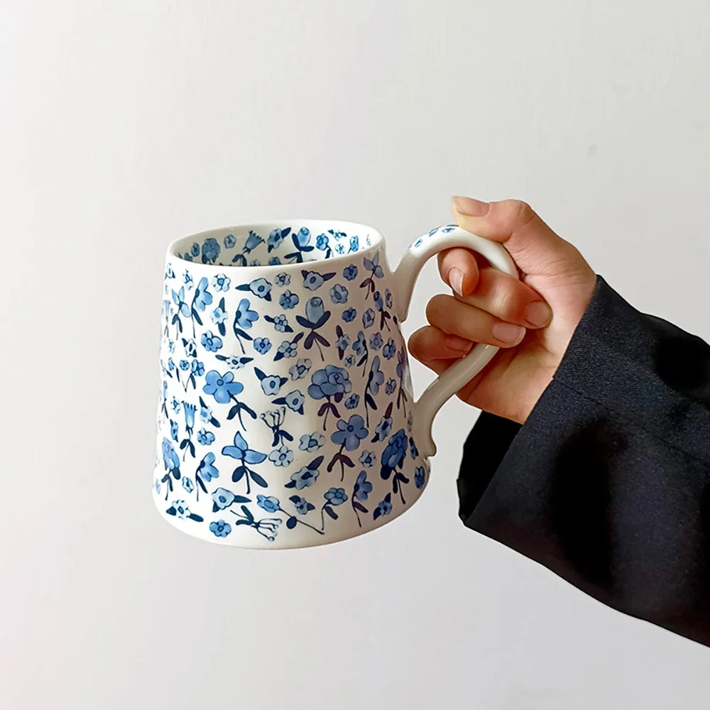 Retro Blue Floral Ceramic Mug Exquisite Wavy Hammered Texture Irregular Shape Water Cup Office Coffee Mugs Large Capacity Cups