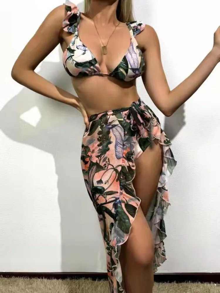 

3 Pieces Floral Print Brazilian Bikinis 2024 Women Ruffle Swimwear Female High Waist Swimsuit With Beach Skirt Bathing Suit