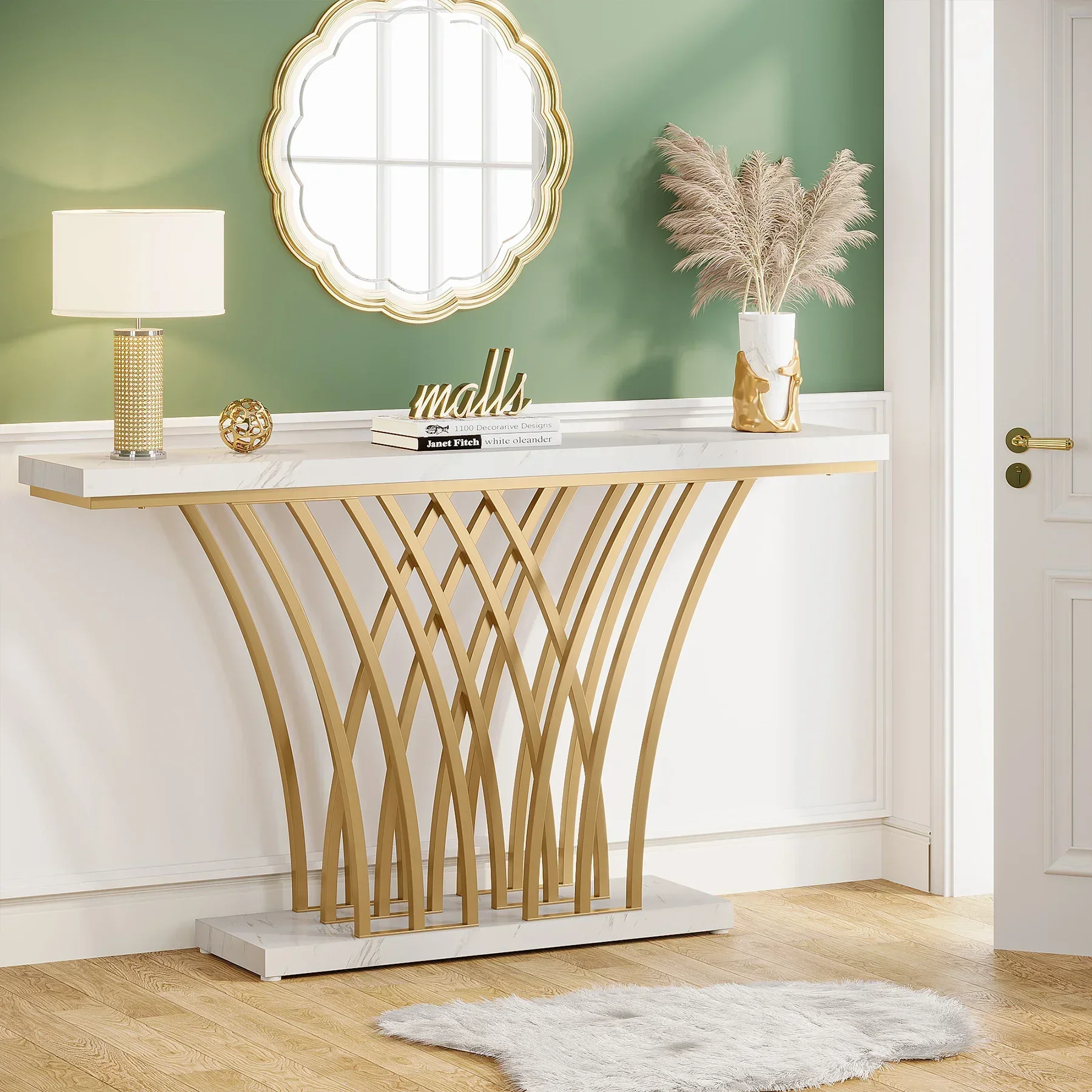 59 inch Gold Console Table, Modern Entryway Table with Grid-Shaped Metal Base for Entrance, Hallway, Entryway