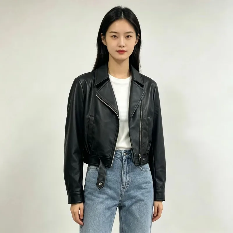 Women Faux Leather Biker Jacket Fleece Lined Cropped Lapel Collar Casual Versatile Commuter Outerwear For Spring Autumn