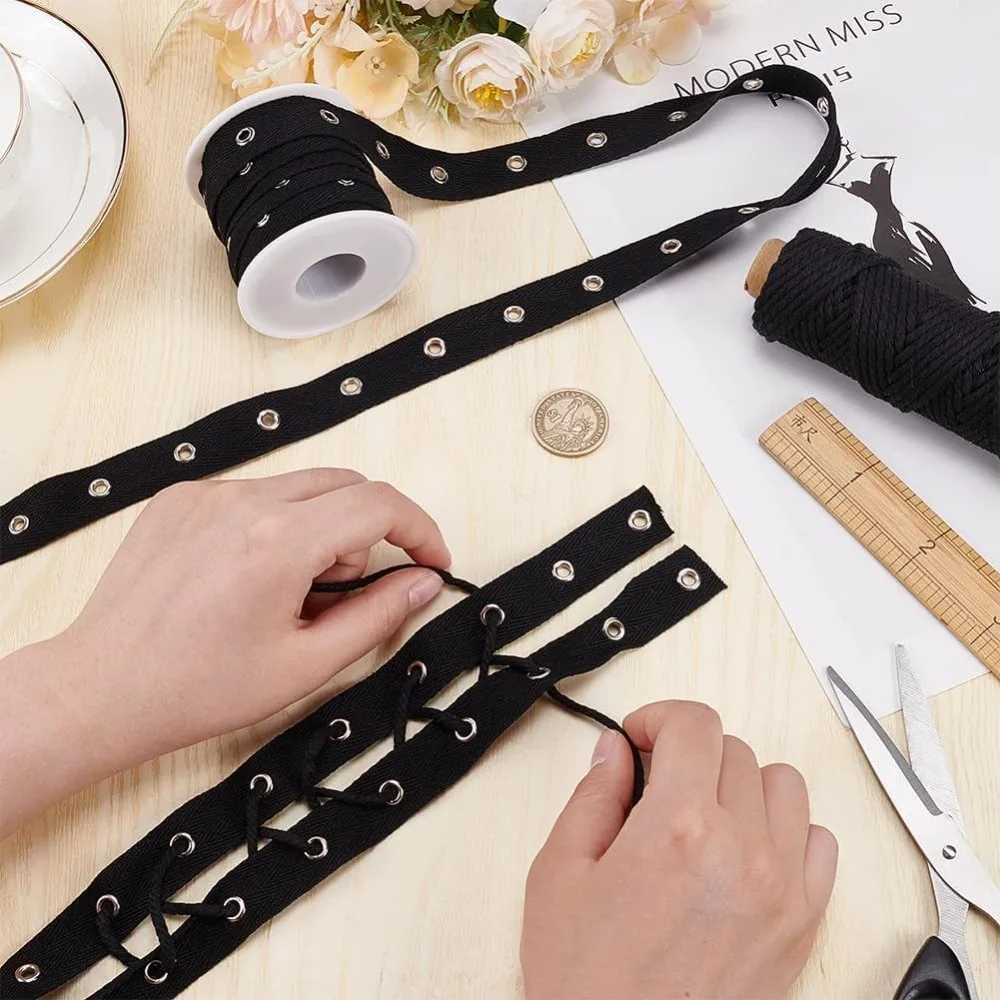 6.25 Yards Black Cotton Grommet Eyelet Twill Tape Trim 3/4 inch Wide Silver Metal Eyelet Ring Ribbon Strip for Sewing Crafts view 3