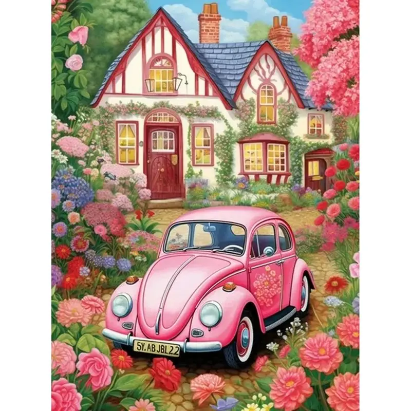 Pink VW Beetle in a garden painting by number kit