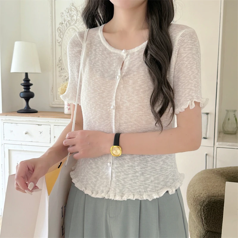 

New French Style Round Neck Ruffled 3D Flower Knit Cardigan Short Sleeve Top