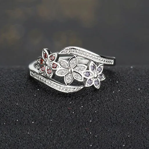 

Delicate 925 Sterling Silver Flower Design Three Color Cubic Zircon Crystal Rings for Women Girls Wedding Party Jewelry Gifts