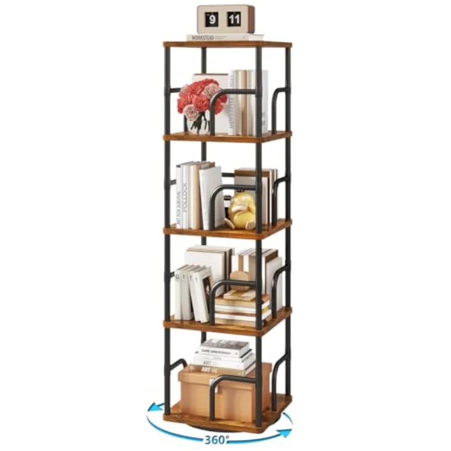 

Square Rotating Bookshelf 30° Spinning Bookcases Tower Freestanding Corner Bookshelf with Rails Industrial Swivel Bookcase Orga