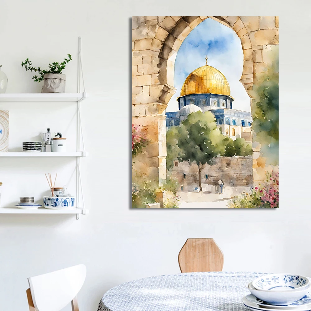 Watercolors  Al-Aqsa Mosque Kaaba Islamic with Flower Bird Canvas Poster Canvas Painting Modern Pictures Living Room Home Decor