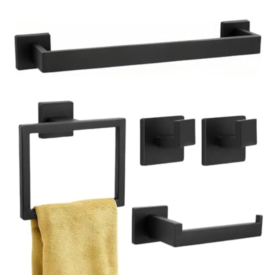 

5-Piece Matte Black Bathroom Hardware Accessories Set - 16 Inch Stainless Steel Wall Mounted Towel Rack Toilet Paper Holder T