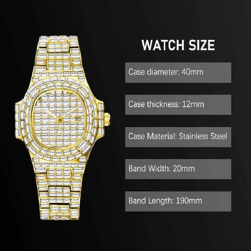 MISSFOX Luxury Gold Watch For Men Hip Hop Brand Iced Out Diamond Quartz Clock  Automatic Date Full Steel Wristwatches Gift Reloj