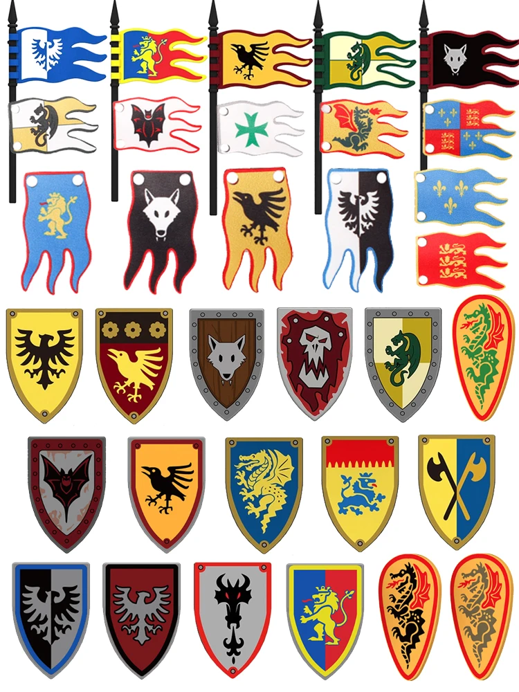Château militaire médiéval, bouclier de soldat de chevalier, blocs de construction, drapeaux, figurines de film, accessoires, Mini jouet en brique Compatible, cadeaux