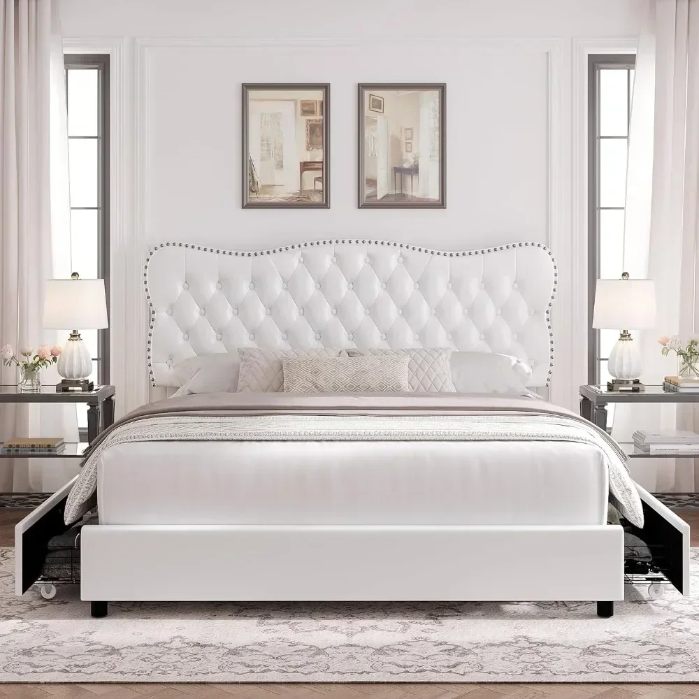 

Bed Frame with 4 Storage Drawer, Upholstered Platform Beds Frames with Button Tufted Headboard, Bed Frame