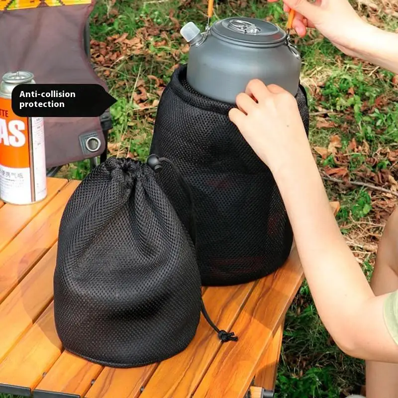 Drawstring 포켓 바베큐 워터 컵 식기 주최자 야외 캠핑 보관 보호 가방 휴대용 피크닉 조리기구 메쉬 가방