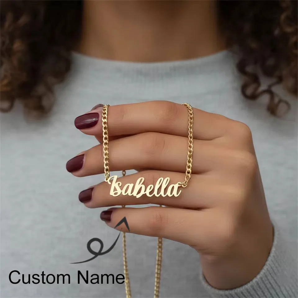 

Custom Name Necklace Handmade Jewelry 18K Gold Plated Pendant Gift Personalized Stainless Steel Letters 5mm Cuban Chain Necklace