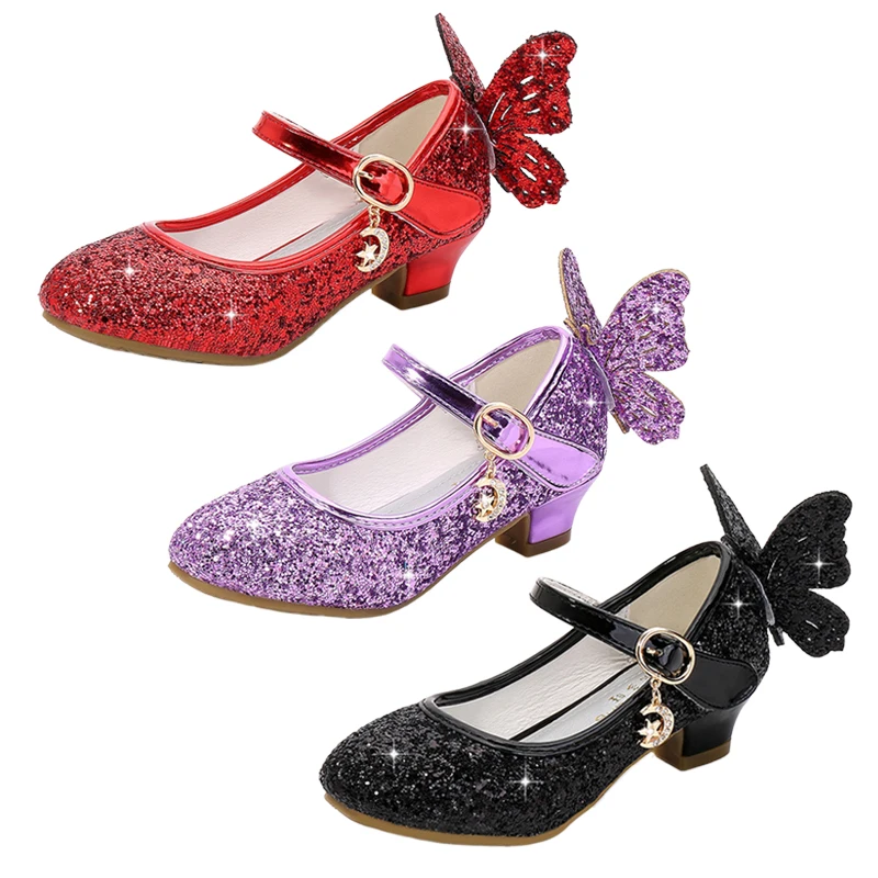 

Girls Princess Leather Shoes Butterfly Sequins Girls High-Heel Sandals Fashion Children Shoes Baby Girls Party Performance Shoes