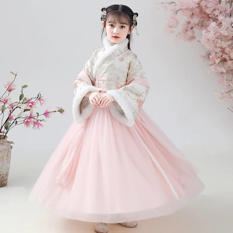 Hanfu Mädchen Kostüm Cheongsam China Neue Jahr Frühling Festival Kleidung Winter Verdickung Robe Warm Leistung Blume Kid Kleider