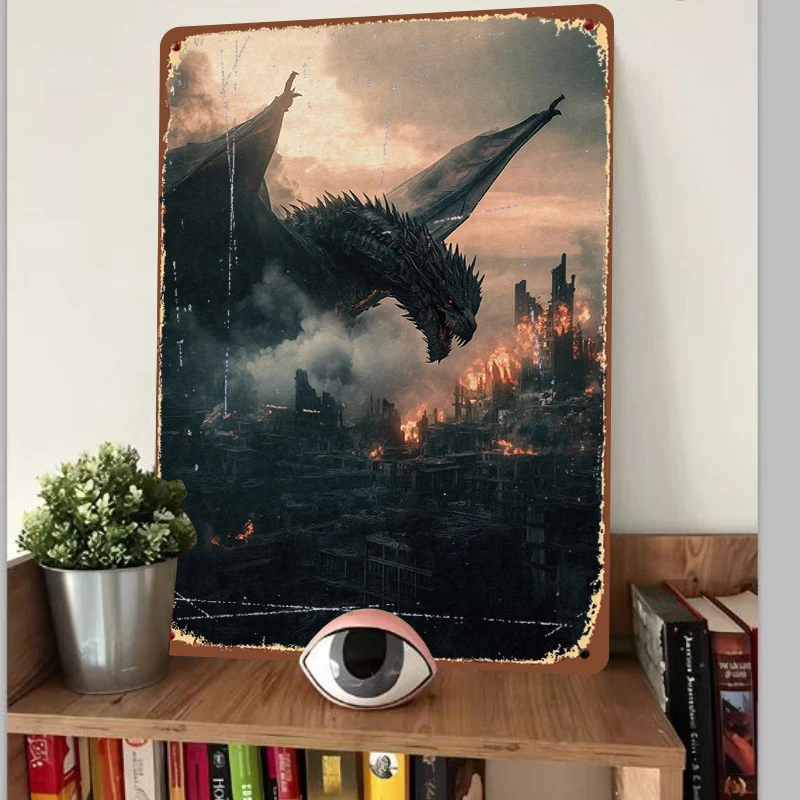 Epic Dragon Over Burning City Metal Wall Art Decorative Iron Painting Home Decoration