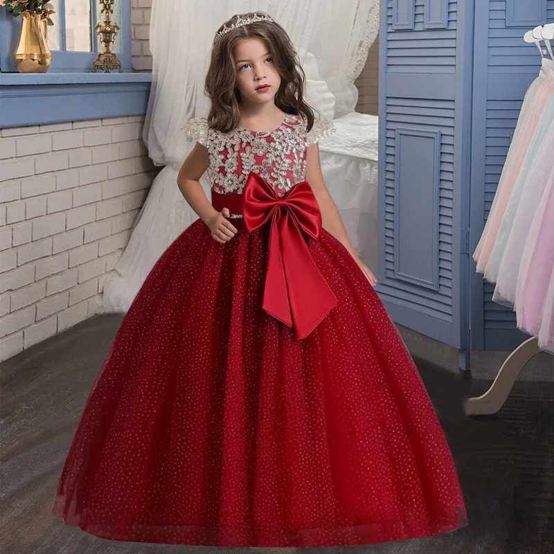 Girls Long Pink Wedding Dress Lace embroidered flower Party Tulle Princess Birthday Dress First Communion Gown for Girls