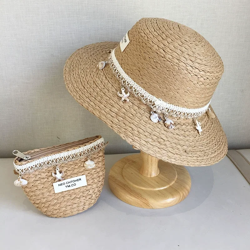 Summer Children's French Shell Straw Hat Cute and Sweet High-end Sunshade Flat Top Hat Outdoor Sun Protection Beach Hat