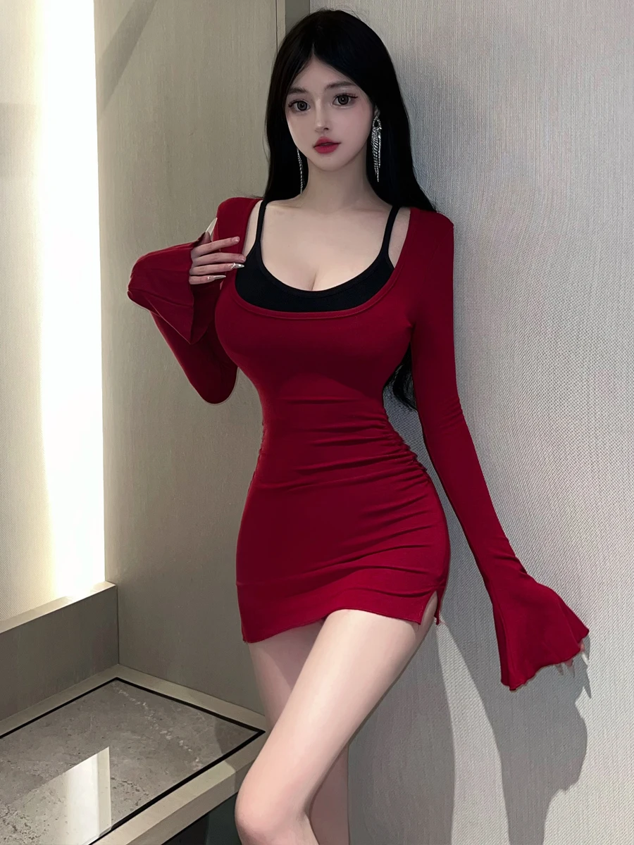 Sexy Black Strap Vest Top High Waist Short Skirt Two Piece Set Long Sleeve Bell Bottoms Tummy Control Polyester Blend Dress