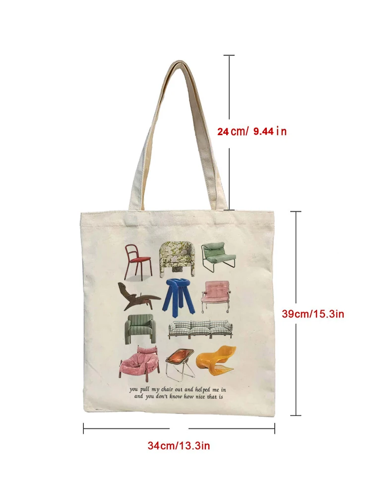 1pcs Women Shopper Bag Chairs Printed Harajuku Large Capacity Shopping Handbags Canvas Shopper Girl Tote Shoulder Bags