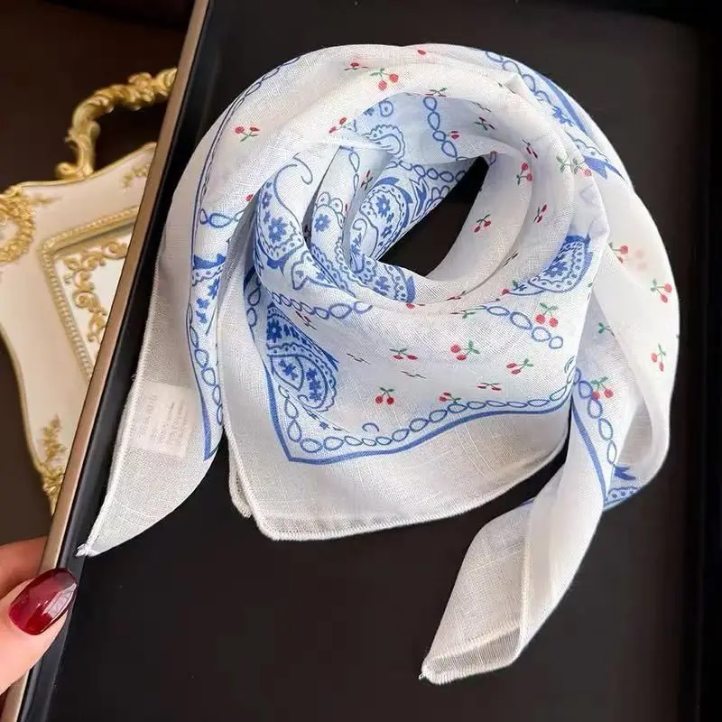 

Cherry Print Neckerchief Women Korean Cotton Linen Square Scarf Elegant Neck Scarves Headscarf Small Wraps Bandana Head Scarfs
