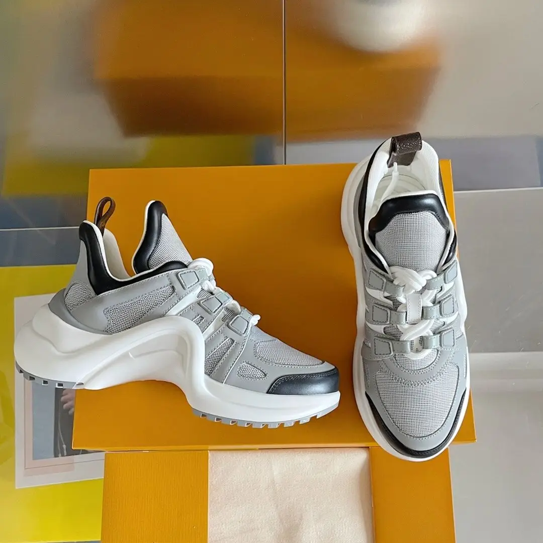 Unisex Gray Black Chunky Dad Sneakers Mesh Leather Splicing Strap Design Curved Thick Platform Sole Lace Up Heightening Non Slip Street Casual Shoes