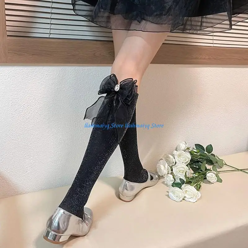 

573B Women Bowknot Over Knee Stockings Princess Shiny Striped Thigh High Socks