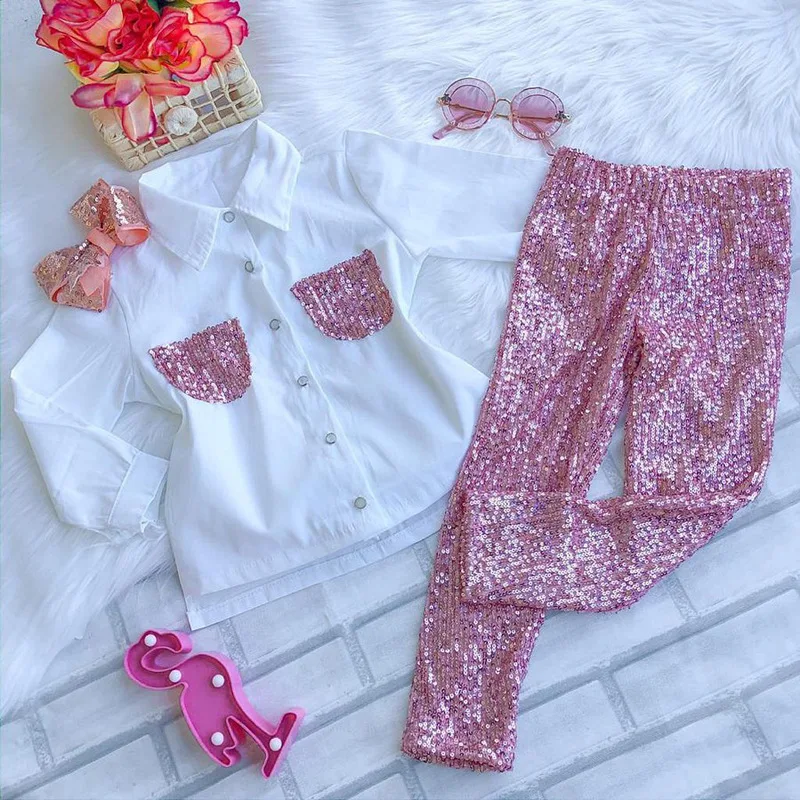 

Kids Fashion Clothes White Shirt And Pink Sequins Leggings Girls Children Spring Clothing Sets Girls Party Clothes Set TZ106