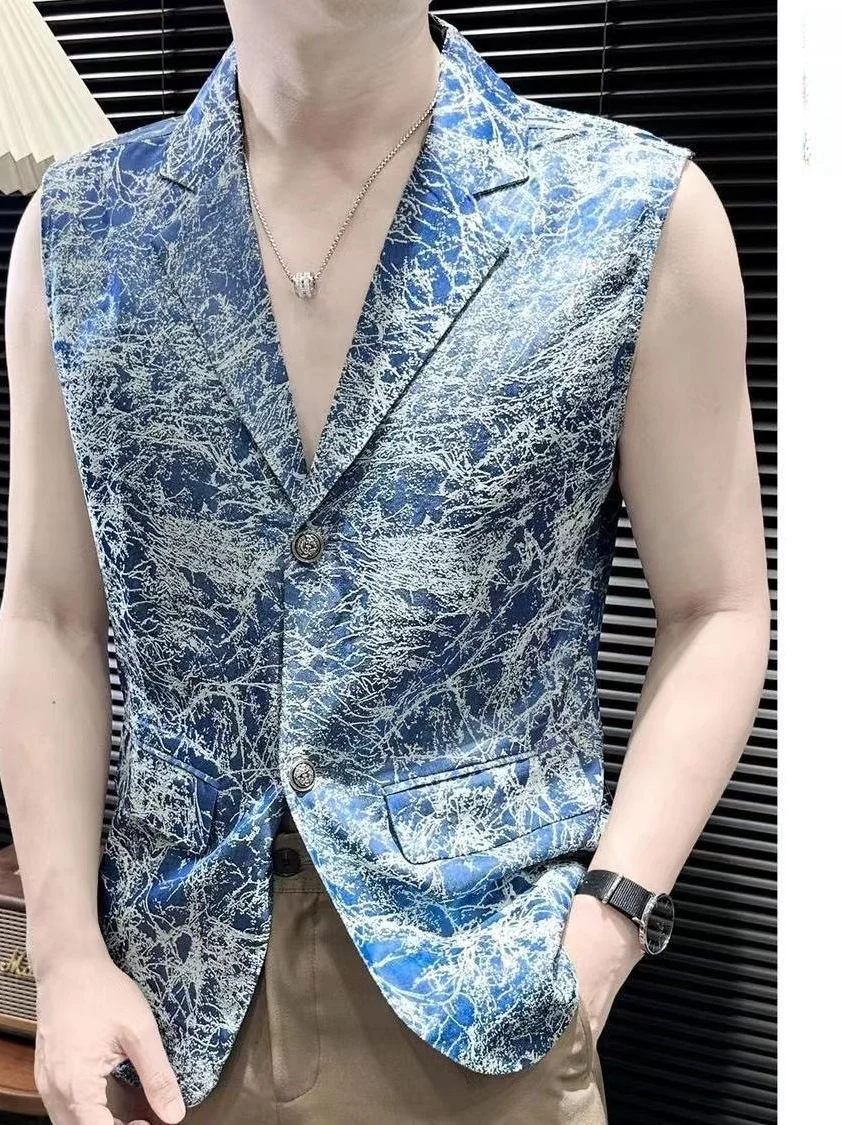 

Casual Style Men's Printed Vest Sleeveless Suit Jacket Slim Fit Polyester Fiber Single Button Closure Abstract Pattern