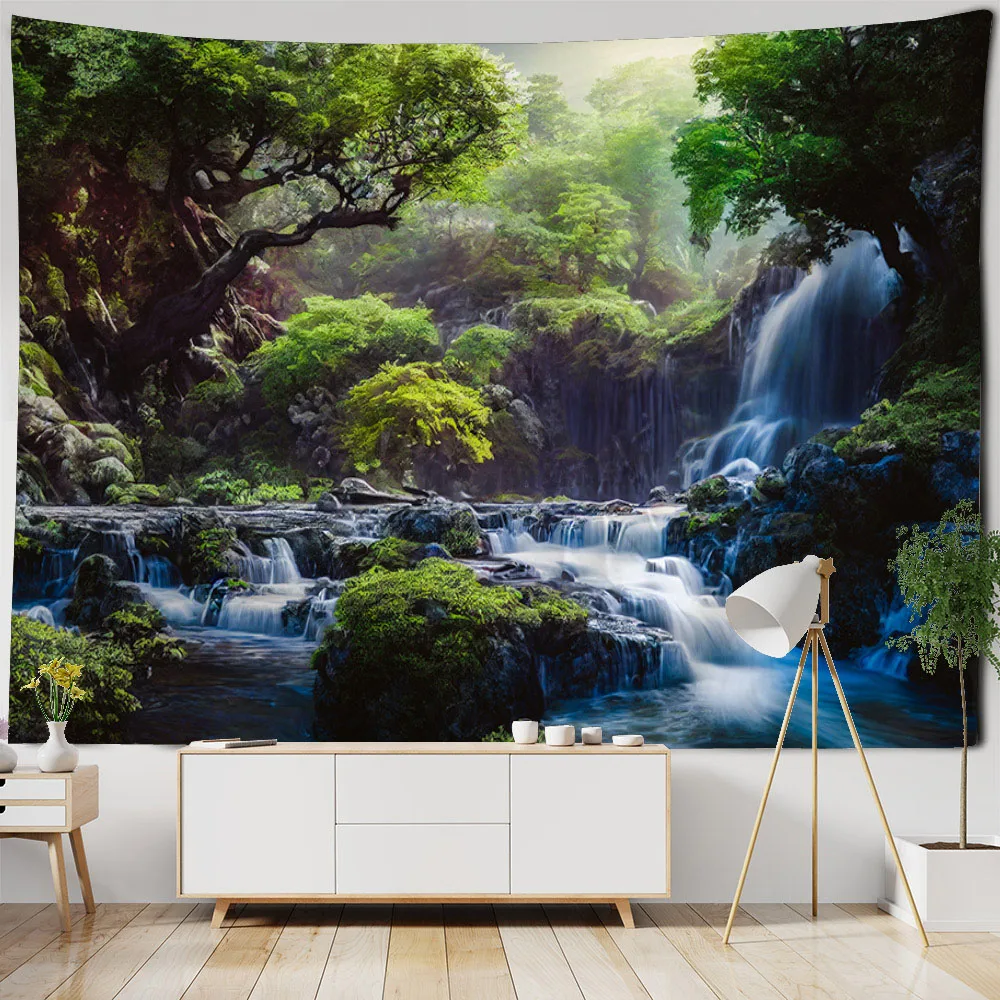 Bohemian style home decoration wall hanging forest waterfall tapestry landscape background cloth bedroom living room dormitory